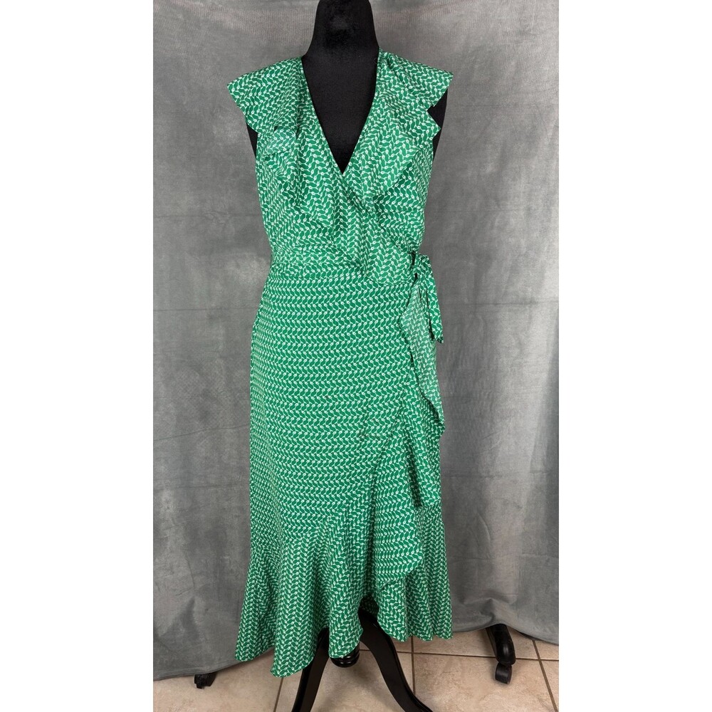 Max Studio Tulip Floral Ruffle Wrap Dress Women's Large Green Midi Flowy